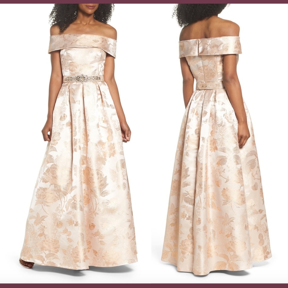 NEW‎ $308 Eliza J Belted Off Shoulder Jacquard Ballgown Champagne [SZ 6 ] #E712